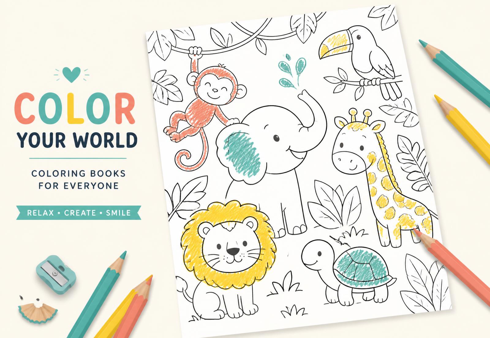 Página de desenhos de animais sendo colorida com lápis coloridos